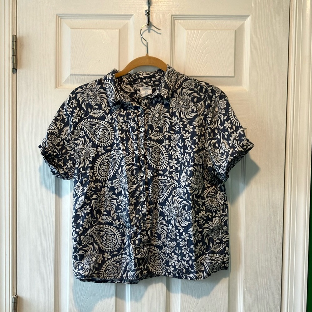 Sigrid Olson blue print linen button down women’s top shirt small minimalist